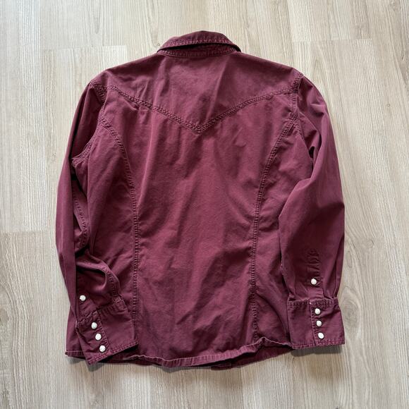 Women's Carhartt Dark Wine Red Pearl Snap Button Up Long Sleeve Shirt Sz Large - Picture 3 of 6